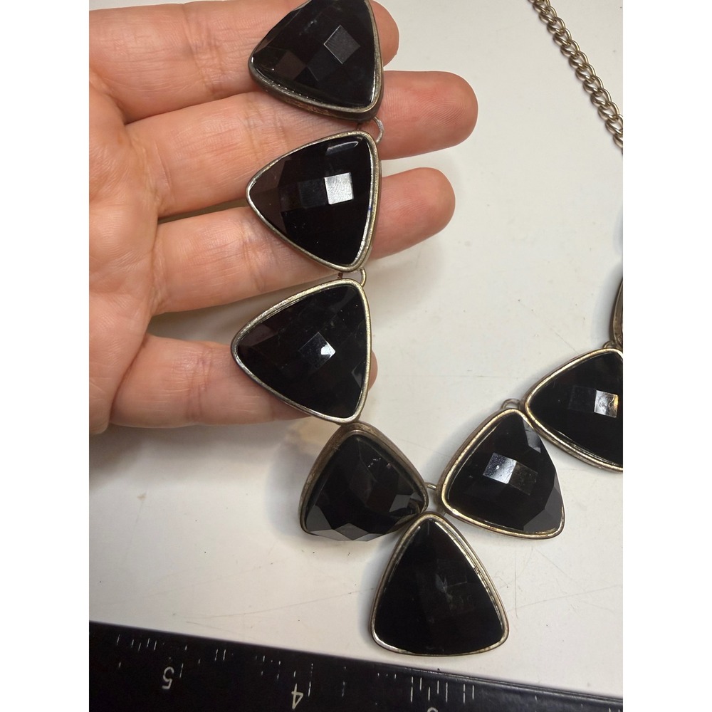 NY Black Geometric Triangle Statement Necklace Gold Tone Bib Faceted Stone